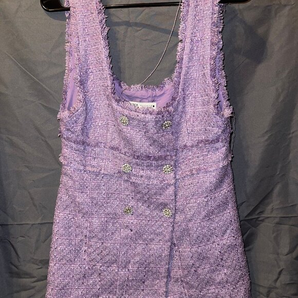 Womens ZARA Lilac Rhinestone Button-Up Front, Sleeveless, Tweed, Mini Dress - Picture 2 of 12